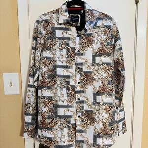 Silver Stone Collection Men’s Medium Baroque Leopard Greek Key Button-Up Shirt